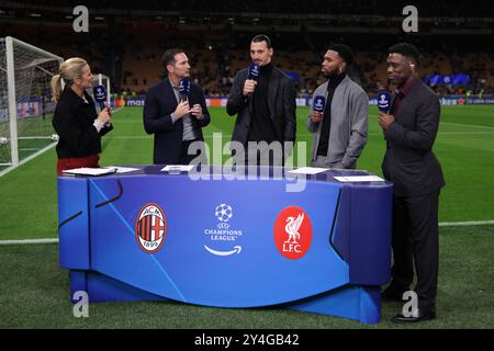 Milan, Italie. 17 septembre 2024. Zlatan Ibrahimovic AC Milan Senior Advisor est interviewé par l'équipe Amazon Prime ( de gauche à droite ) ; Gabby Logan, Frank Lampard, Daniel Sturridge et Clarence Seedorf alors qu'il est interviewé pour Amazon avant le coup d'envoi du match de l'UEFA Champions League à Giuseppe Meazza, Milan. Le crédit photo devrait se lire : Jonathan Moscrop/Sportimage crédit : Sportimage Ltd/Alamy Live News Banque D'Images