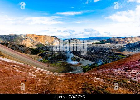 Les montagnes de rhyolite multicolores, de vastes étendues de lave et de sources chaudes dans la région montagneuse du parc Landmannalaugar près du volcan Hekla en So Banque D'Images