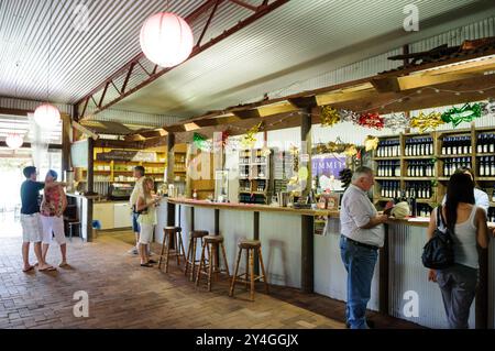 STANTHORPE, Queensland, Australie — la salle de dégustation de vins du Summit Estate Wines offre aux visiteurs la possibilité de déguster des vins produits localement au cœur de la région viticole de Granite Belt dans le Queensland. La cave, située sur fond de vignobles du domaine, offre une atmosphère rustique mais accueillante pour les amateurs de vin qui explorent les saveurs uniques de cette région viticole de haute altitude. Banque D'Images