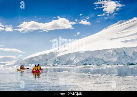 PORT DE NEKO, Antarctique — les kayakistes glissent dans les eaux calmes du port de Neko, en Antarctique, s'arrêtant pour admirer les paysages époustouflants de glaciers, d'icebergs et de montagnes enneigées. Cette scène sereine capture l'essence de l'exploration antarctique, mettant en valeur la perspective unique qu'offre le kayak dans l'un des environnements les plus reculés et les plus vierges du monde. Banque D'Images