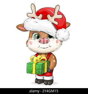 Cerf de dessin animé mignon avec cadeau dans un chapeau de Père Noël. Illustration vectorielle de Chtistmas d'animal sur fond blanc. Illustration de Vecteur