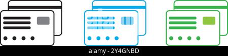 Illustration vectorielle de plusieurs cartes de crédit en trois couleurs différentes : noir, bleu et vert. L'image représente la finance, les méthodes de paiement. Illustration de Vecteur