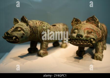 WASHINGTON DC, États-Unis — une paire de statues de tigre en bronze, éventuellement utilisées comme supports de base pour un stand de cloche, datant d'environ 950-850 av. J.-C., exposée à la Freer Gallery of Art. Ces anciens artefacts chinois, originaires de Baoji dans la province de Shaanxi, mettent en valeur le savoir-faire sophistiqué en bronze de la période Zhou occidentale et offrent un aperçu des pratiques rituelles et de l'art chinois. Banque D'Images