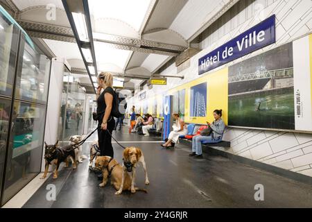 DOG WALKER DANS LE MÉTRO PARISIEN Banque D'Images