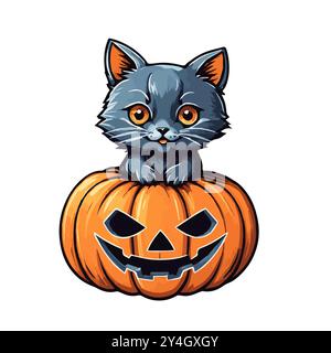Citrouille orange juteuse brillante avec visage d'Halloween avec chaton gris sur fond blanc Illustration de Vecteur