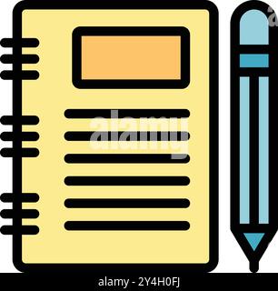 Icône simple d'un bloc-notes jaune avec une page blanche et un crayon bleu prenant des notes, idéal pour les conceptions éducatives ou de bureau Illustration de Vecteur