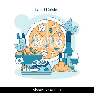 Concept de Journée mondiale du tourisme. Célébrons diverses cultures culinaires avec des illustrations de pizza, de pâtes, de fromage et de vin. Voyagez à travers le goût. Illustration vectorielle. Illustration de Vecteur