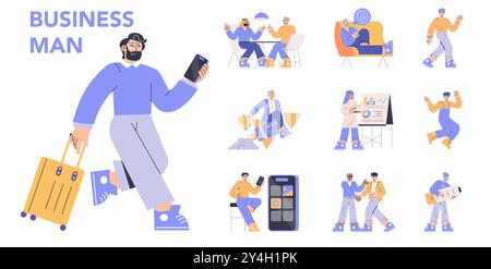 Ensemble homme d'affaires. Diverses activités d'un entrepreneur allant des voyages d'affaires aux réunions et présentations. Vie d'entreprise, innovation et partenariat. Illustration vectorielle. Illustration de Vecteur