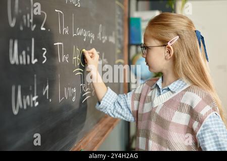 Vue de côté de la jeune fille blonde concentrée sur l'écriture de lettres sur le tableau noir pendant la leçon à l'école primaire, espace de copie Banque D'Images