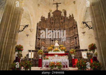 Magnifiquement décoré autel religieux avec des fleurs, Cathédrale, Cathédrale, Iglesia de Santa Maria, vieille ville, Co-Cathédrale de Santa Maria de Caceres Banque D'Images