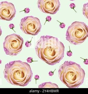 Un beau motif sans couture avec des vues rapprochées de roses roses roses et blanches délicates, parfait pour des designs romantiques et élégants. Idéal pour les cartes de mariage, Banque D'Images