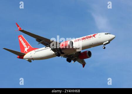TC-MKC, Corendon Airlines, Boeing 737 MAX 8, en approche finale de l'aéroport de Londres Stansted, Essex, Royaume-Uni, le 17 septembre 2024 Banque D'Images