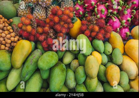 Assortiment de divers fruits asiatiques exotiques tropicaux sur le comptoir dans un magasin au Vietnam. Mangues vietnamiennes jaunes et vertes, fruits du dragon et ramboutan Banque D'Images