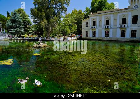 Château de Pandone, lavoir et étang à poissons de Venafro, Isernia, Molise, Italie Banque D'Images