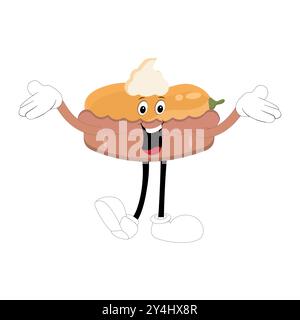 Jolie mascotte tarte à la citrouille, personnages Halloween Pumpkin Pie. Dessin animé Sweets Cup Pudding Latte marchant et souriant. Modèle de mascotte de vacances d'automne de vecteur Illustration de Vecteur