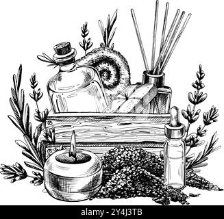 Cosmétiques de lavande faits à la main, pots, bougies, arôme, savon, sels, fleurs dans une boîte en bois. Illustration dessinée à la main avec dessin au trait graphique en noir et Illustration de Vecteur