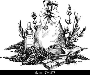 Cosmétiques de lavande faits à la main, pots, sels, savon, fleurs et feuilles, décoré d'un noeud. Illustration dessin au trait graphique dessiné à la main encre noire et blanche Illustration de Vecteur