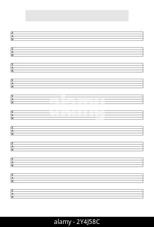 Modèle vierge de feuille de tablature Ukulele ou guitare basse (5 cordes) pour écrire de la musique. Format A4 imprimable en mode portrait Banque D'Images