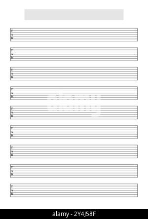 Modèle de feuille de tablature guitare vierge (7 cordes) pour écrire de la musique pour une gamme étendue pour guitariste métal et hardcore. Format A4 en mode portrait Banque D'Images
