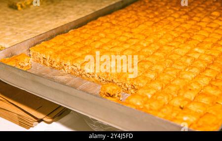 Baklava fraîchement cuit, coupé en petits morceaux, disposé sur une plaque de cuisson, concept de dessert traditionnel Banque D'Images