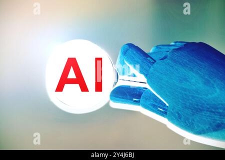 Main de robot tenant une loupe avec les lettres 'ai' signifie Intelligence artificielle. Banque D'Images