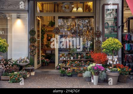 Charmant magasin de fleurs avec des arrangements floraux vibrants à l'extérieur, une entrée accueillante, des plantes colorées exposées, vitrine de fleuriste busine Banque D'Images