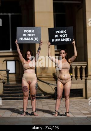 Animal Justice Project x Speciesism.wtf animal Rights Art installation manifestation dans le centre-ville de Birmingham, le 14 septembre 2024, à l'extérieur de Birmingham Art Gallery and Museum. Banque D'Images