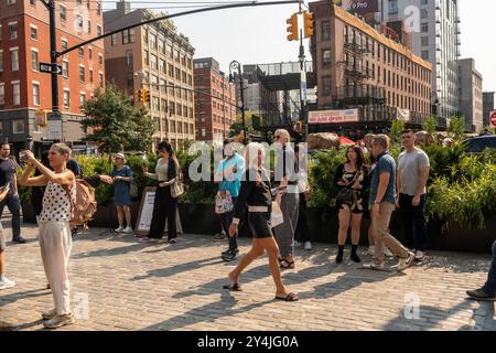 Les gens font la queue pour voir l'installation d'art public Great Elephant migration dans le Meatpacking District de New York le vendredi 16 septembre 2024. Les 100 statues ont été créées par le collectif coexistence dont la mission aide les gens à partager l'espace avec des créatures magnifiques. Les éléphants ont été construits par des artisans indigènes indiens à partir du Lantana Camara, une espèce végétale envahissante. L'installation sera exposée jusqu'au 20 octobre. (© Richard B. Levine) Banque D'Images