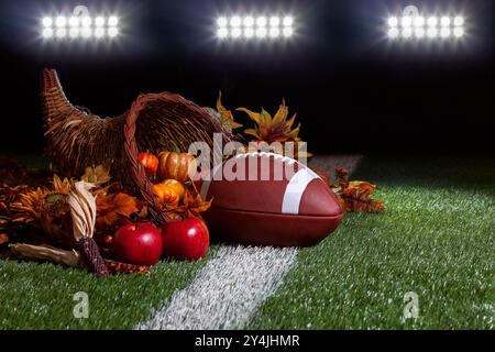 Une cornucopia avec un ballon de football sur un terrain d'herbe avec des rayures et un fond sombre sous les lumières du stade Banque D'Images