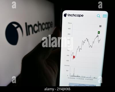 Dans cette illustration photo, une personne tient un smartphone avec la page Web de la société britannique de distribution automobile Inchcape plc devant le logo. Banque D'Images