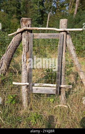 Un gros plan d'une clôture en bois rustique faite de bûches et de fil dans un cadre de champ rural entouré de verdure la clôture met en valeur l'artisanat simple i. Banque D'Images