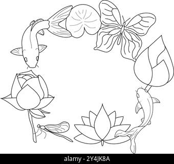 Fleurs de lotus beau cadre floral vectoriel monochrome avec des fleurs de lotus et des feuilles dans un style graphique. Illustration de Vecteur