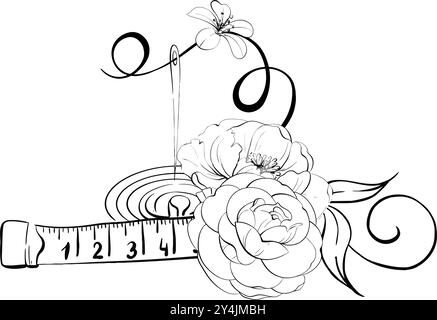 Outils de couture vintage - aiguille, ruban à mesurer avec des fleurs. Roses et motif de ligne de boucle. Motif vêtements. Artisanat dans un style rétro. Vintage old-fashion Illustration de Vecteur