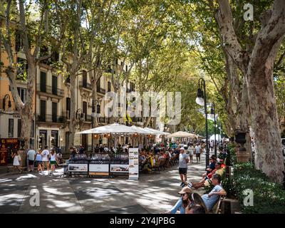 Palma de Majorque, Espagne ; 17 septembre 2024 : café en plein air et rue piétonne Passeig del Born à Palma de Majorque, rempli de touristes appréciant Banque D'Images