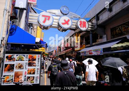 Acheteurs sur la rue commerçante Ameyoko à Ueno avec le panneau de nom de rue sur la porte d'entrée en arrière-plan, quartier commerçant Okachimachi, quartier Taito, Tokyo, Japon Banque D'Images