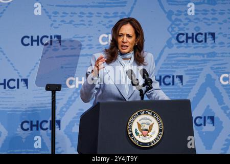 Washington, États-Unis. 18 septembre 2024. Le vice-président Kamala Harris prononce une allocution à la 47e conférence annuelle du Congrès du Caucus hispanique Institute, qui se tiendra au Ronald Reagan Building and International Trade Center à Washington, DC, le mercredi 18 septembre 2024. (Photo de Aaron Schwartz/Sipa USA) crédit : Sipa USA/Alamy Live News Banque D'Images