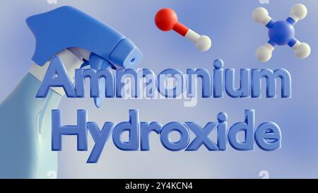 Le rendu 3d d'un pulvérisateur et les propriétés alcalines fortes de l'hydroxyde d'ammonium en font un agent de nettoyage efficace pour enlever la graisse, et autres Banque D'Images