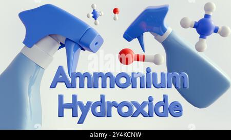 Le rendu 3d d'un pulvérisateur et les propriétés alcalines fortes de l'hydroxyde d'ammonium en font un agent de nettoyage efficace pour enlever la graisse, et autres Banque D'Images