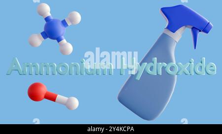 Le rendu 3d d'un pulvérisateur et les propriétés alcalines fortes de l'hydroxyde d'ammonium en font un agent de nettoyage efficace pour enlever la graisse, et autres Banque D'Images