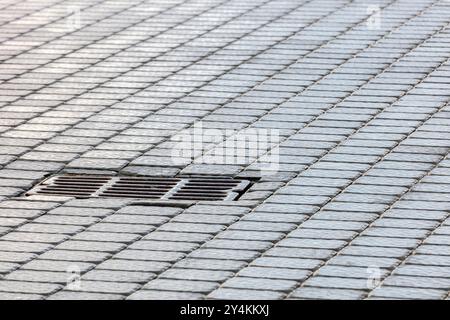 grille de voirie pour l'évacuation des eaux pluviales. grille de drainage métallique sur le pavé. Banque D'Images