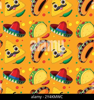 Motif sans couture coloré avec des éléments alimentaires mexicains Illustration de Vecteur