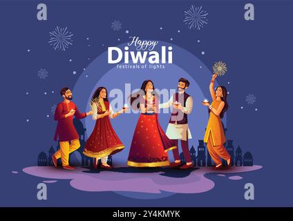 Festival indien Happy Diwali avec des accessoires Diwali, arrière-plan de vacances, carte de vœux de célébration Diwali, dessin d'illustration vectoriel. Illustration de Vecteur