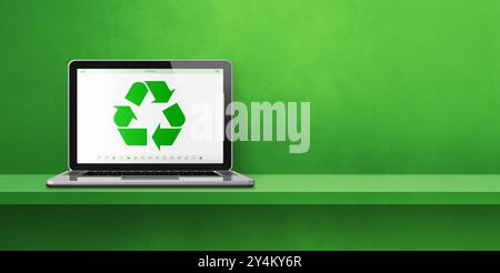 Ordinateur portable sur une étagère avec un symbole de recyclage à l'écran. concept de conservation de l'environnement. Illustration 3D isolée sur fond vert. Horizo Banque D'Images