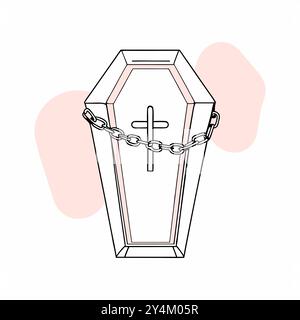 Illustration vectorielle minimaliste d'un cercueil avec une croix et une chaîne. Les lignes épurées et les accents de couleurs subtils créent un design frappant adapté aux projets thématiques et aux œuvres d'art créatives... Illustration de Vecteur