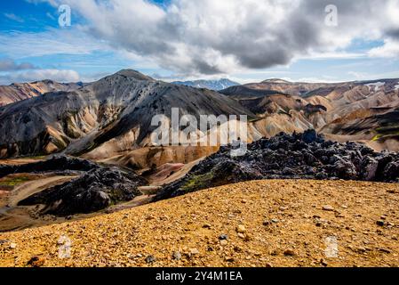 Les montagnes de rhyolite multicolores, de vastes étendues de lave et de sources chaudes dans la région montagneuse du parc Landmannalaugar près du volcan Hekla en So Banque D'Images