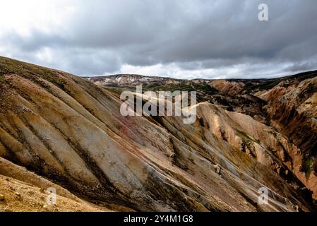 Les montagnes de rhyolite multicolores, de vastes étendues de lave et de sources chaudes dans la région montagneuse du parc Landmannalaugar près du volcan Hekla en So Banque D'Images