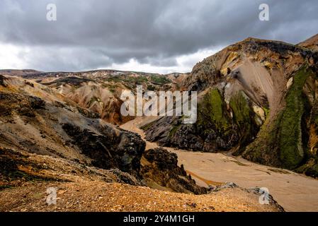 Les montagnes de rhyolite multicolores, de vastes étendues de lave et de sources chaudes dans la région montagneuse du parc Landmannalaugar près du volcan Hekla en So Banque D'Images