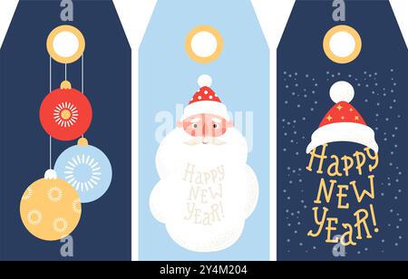Étiquettes cadeau Noël du nouvel an. Joli portrait Père Noël, boules de Noël et lettrage Félicitation avec chapeau Claus. Cartes verticales festives isolées. VE Illustration de Vecteur