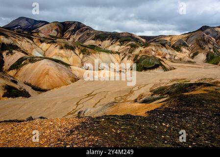 Les montagnes de rhyolite multicolores, de vastes étendues de lave et de sources chaudes dans la région montagneuse du parc Landmannalaugar près du volcan Hekla en So Banque D'Images