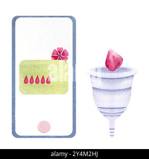 Une application pour le suivi des périodes, une coupe menstruelle avec un ensemble d'aquarelle de pétales roses isolé sur blanc. Idéal pour la conception de soins menstruels respectueux de l'environnement, ADS, bl Banque D'Images